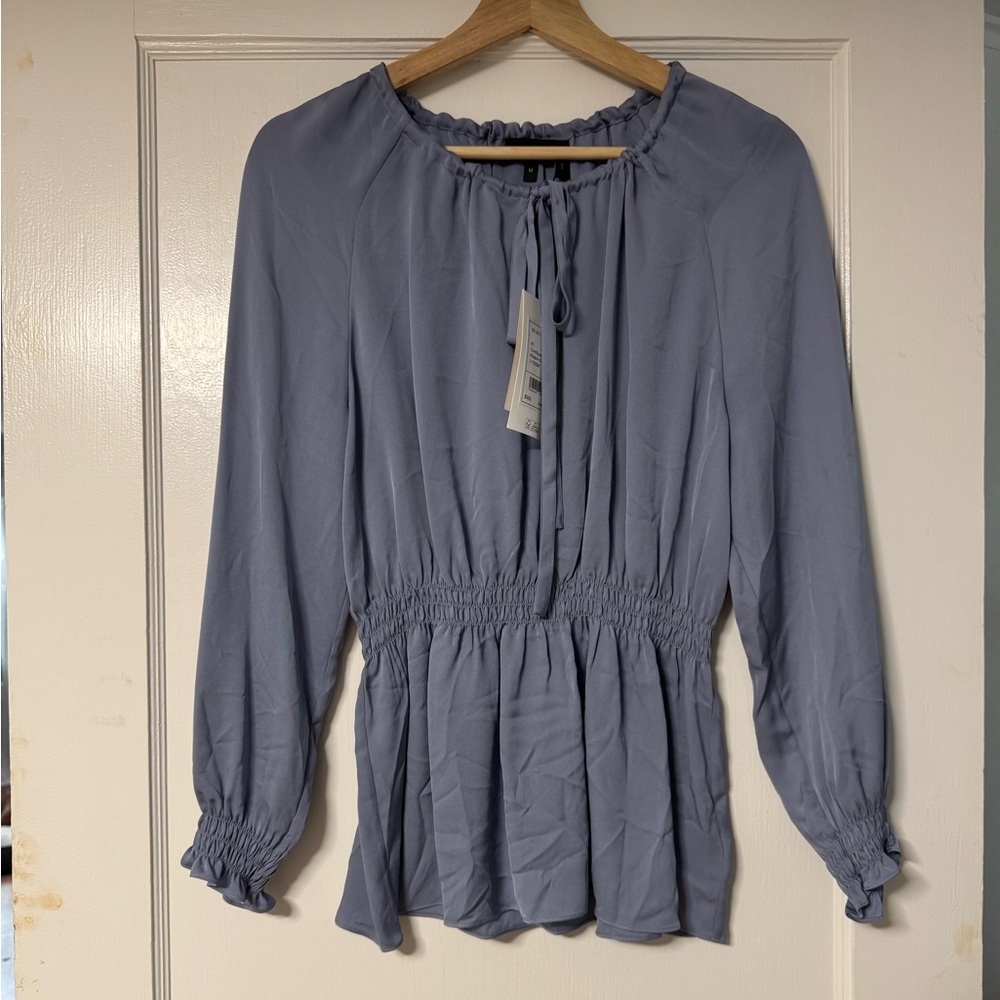 Theory Light Blue Silk Blouse with Gathered Waist